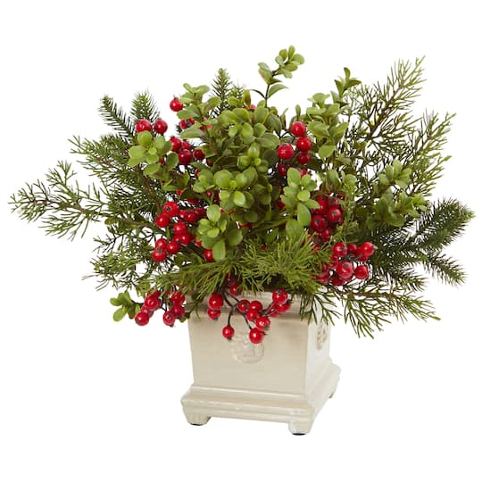 12&#x22; Potted Holiday Berry &#x26; Pine Artificial Arrangement